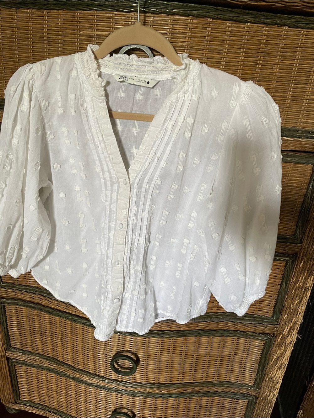 Zara White Swiss-Dot Pintuck Button Blouse